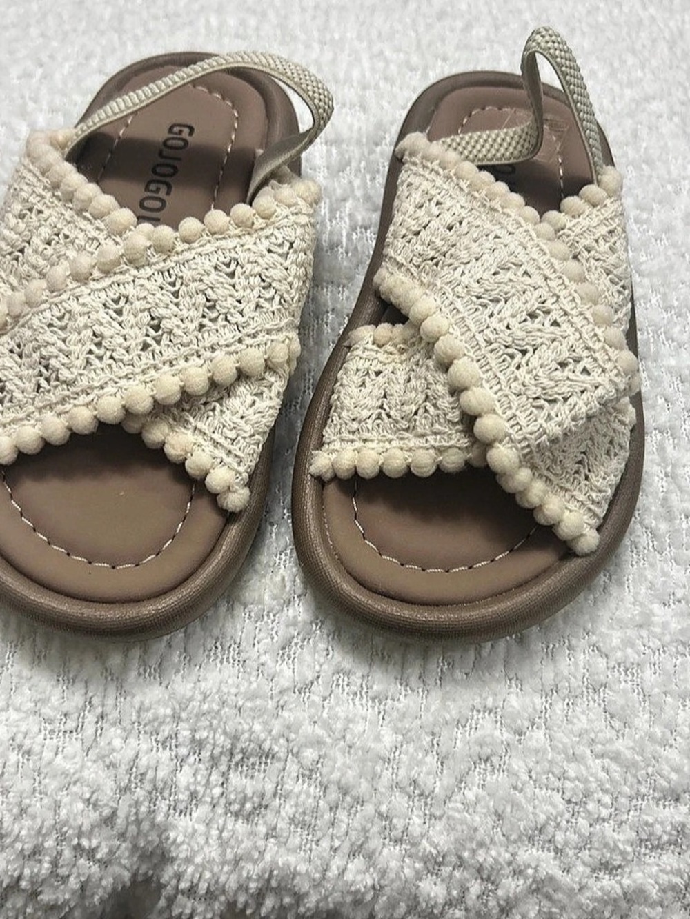 Gojogolo White Crochet Pompom Boho Summer Sandals, Cream & Brown